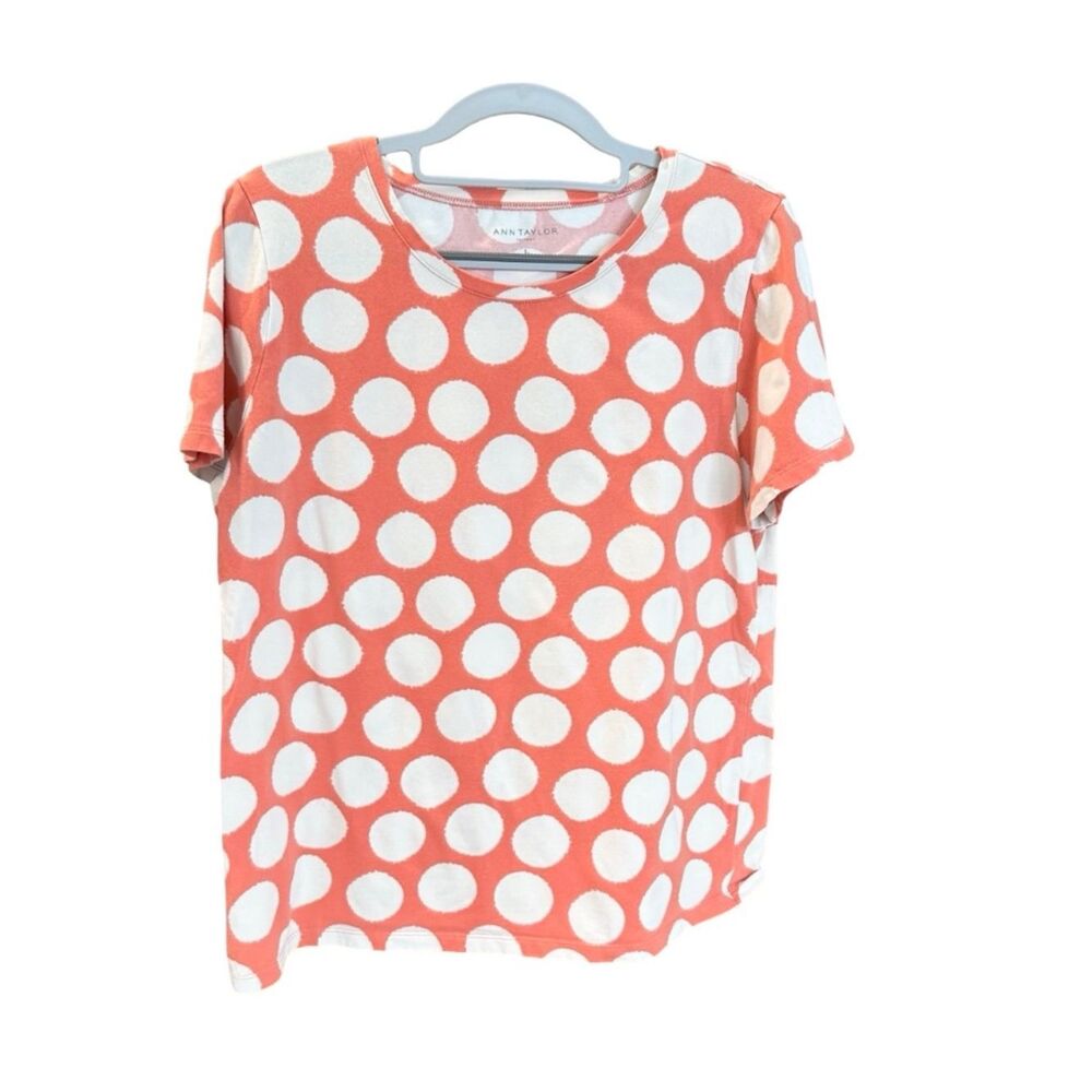 Ann Taylor Factory Short Sleeve Crew Neck Print Tee Peachy-Pink/White Large